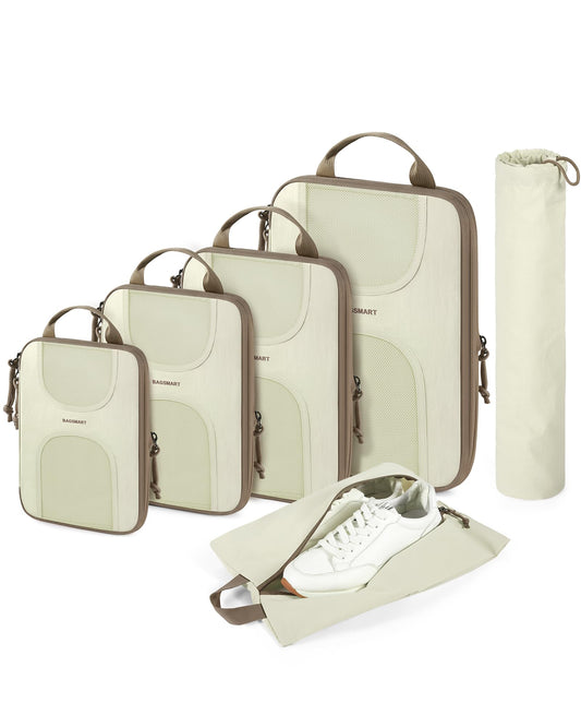 BAGSMART Compression Packing Cubes, 6 Set Packing Cubes for Suitcases, Lightweight Suitcases Organizers Bag Set & Compression Travel Cubes, Travel Essentials Packing Organizers White Opal