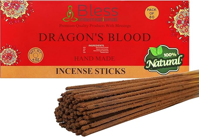 Bless-Dragons-Blood 100%-Natural-Handmade-Hand-Dipped Organic-Chemicals-Charcoal-Free Purification-Relaxation-Positivity-Yoga-Meditation Best-Woods-Scent (80 Sticks (4.20 OZ))