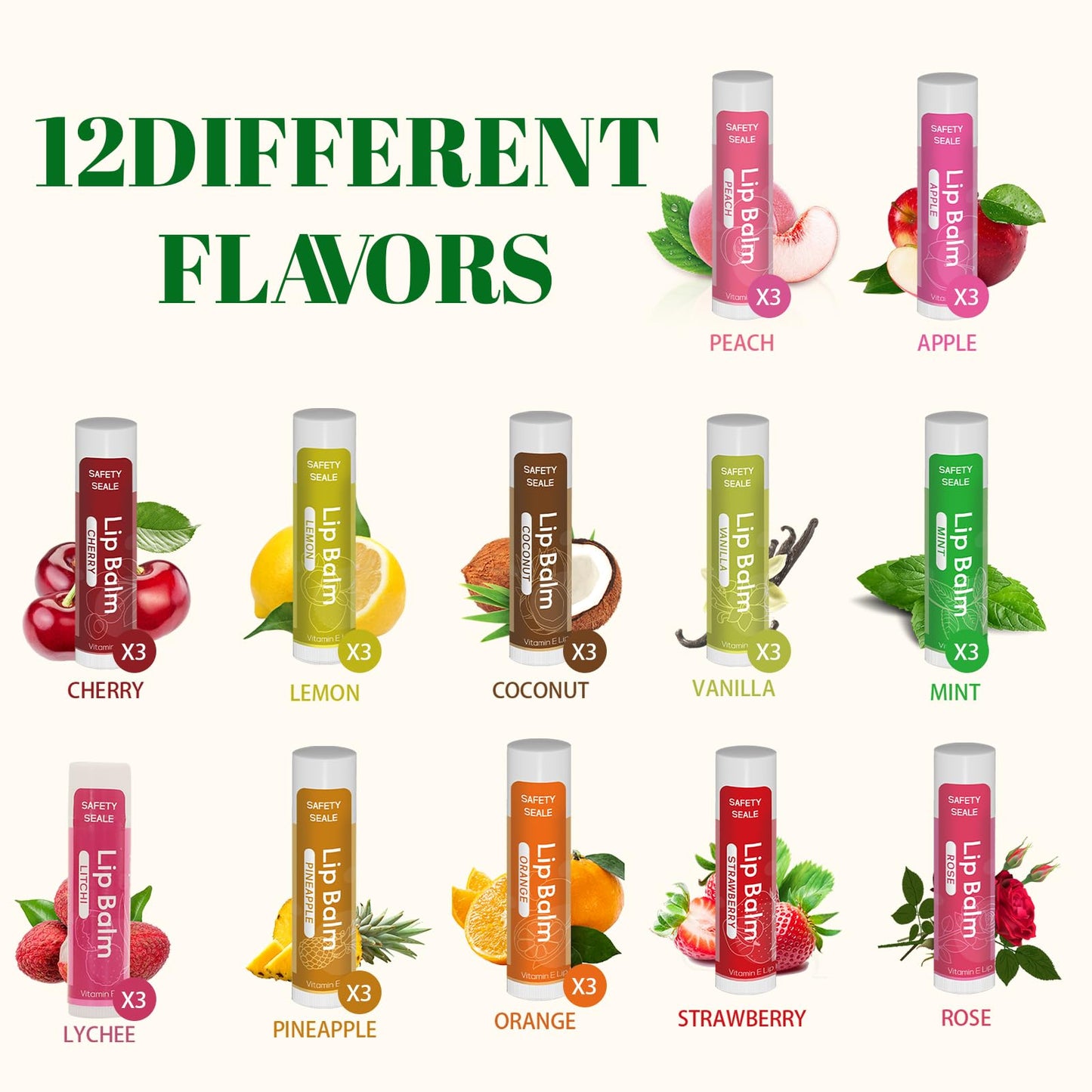 Yopela 36 Pack Natural Lip Balm Bulk with Vitamin E and Coconut Oil - Moisturizing, Soothing, and Repairing Dry and Chapped Lips Valentine's Gift- 12 Flavors - Non-GMO