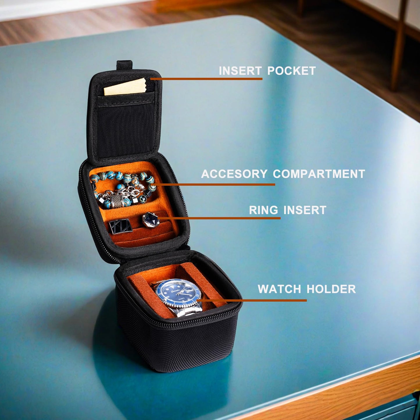 AMZSAFE single watch travel case, hard watch case with/compartment for jewelry organizer, rings bracelet cufflink organization