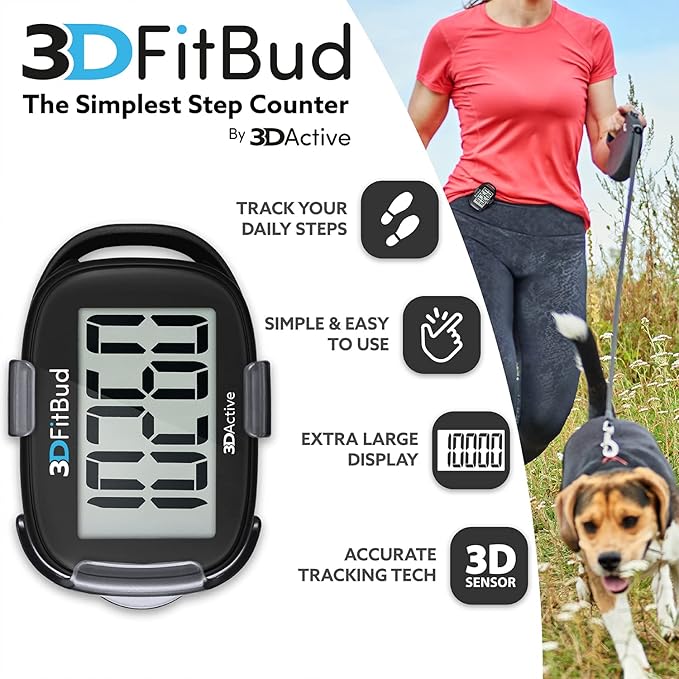 3DFitBud Simple Step Counter Walking 3D Pedometer by 3DActive with Clip, Lanyard Accurate Fitness Tracker for Men, Women & Elderly Daily Exercise - A420S