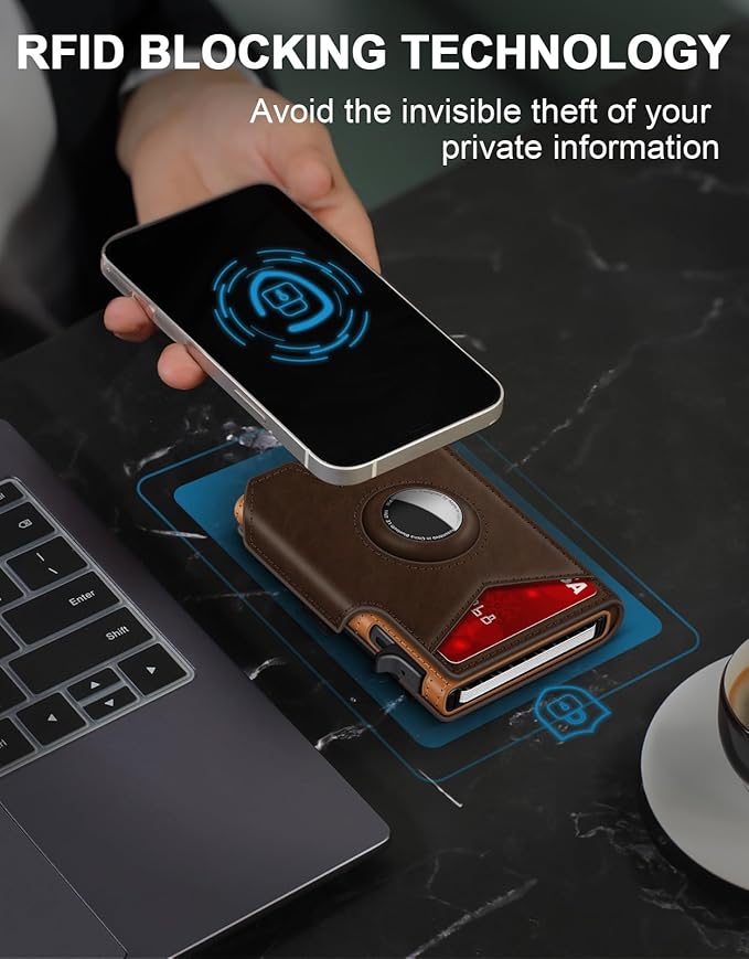 Airtag Wallet for Men, Minimalist Slim Mens Wallet Smart Pop Up Credit Card Holder for 9-13 Cards, RFID Blocking Wallet with ID Window & Cash Slot, Compact Bifold Metal Aluminum Card Case