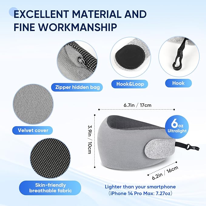 Compact Travel Pillow with Adjustable Strap & Washable Cover, Portable Neck Pillow Airplane with Case & Hook, Chin Support Pillow Relieves Pain & Pressure for Quick Trips, Office, Car & Home Use