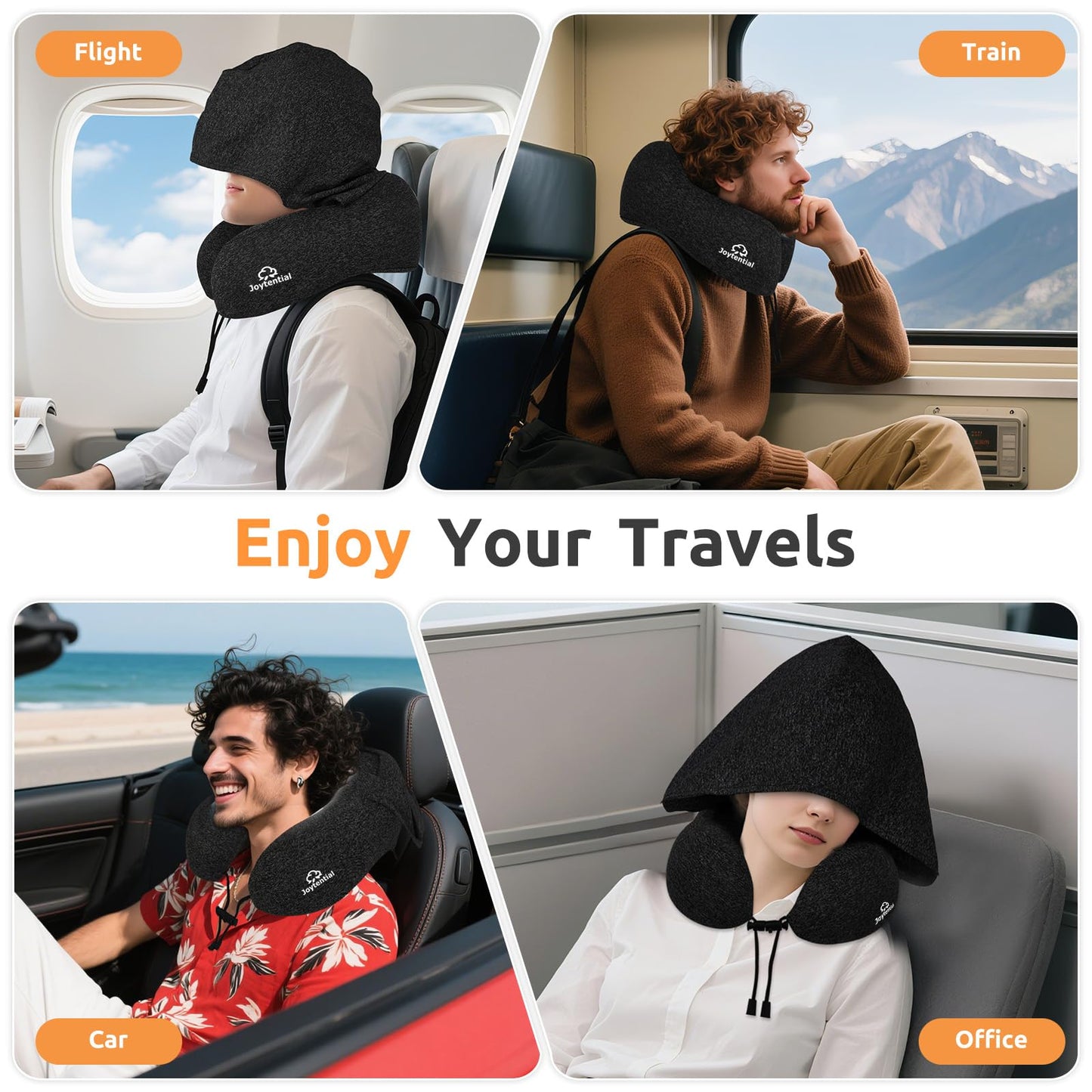 Joytential Travel Neck Pillow with Large Hood for Long Flights, Privacy Hooded Plane Pillow with Skin-Friendly Cover, Comfort Memory Foam, Travel Pillows for Road Trip, Airplane, Office Rest (Black)