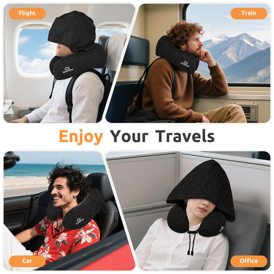 Joytential Travel Neck Pillow with Large Hood for Long Flights, Privacy Hooded Plane Pillow with Skin-Friendly Cover, Comfort Memory Foam, Travel Pillows for Road Trip, Airplane, Office Rest (Black)