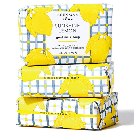 Beekman 1802 Goat Milk Body Soap Bar 3-Piece Set, Sunshine Lemon - Scented - 3.5 oz - Nourishes, Moisturizes & Hydrates - 100% Vegetable Soap with Lactic Acid - Good for Sensitive Skin - Cruelty Free