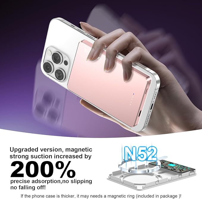 Portable Charger,For Magsafe Pink Portable Charger 5000mAh Magnetic Power Bank Wireless Battery Pack with USB-C Cable for Iphone12-16,Samsung,Google,Travel Accessories,Birthday Gifts for Women Mom