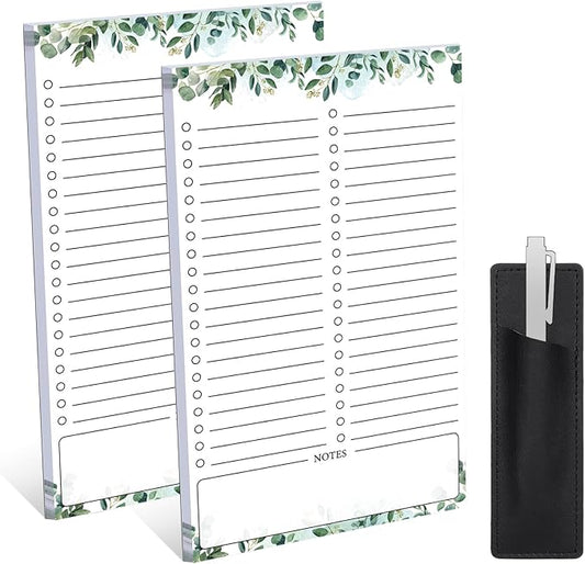 2 Pack Grocery List Magnet Pad for Fridge with Pen Holder, Totally 120 Sheets Magnetic Note Pad for Fridge Full Back Magnet Shopping List, To Do List, Memo Notepads, 4.5x7.5"(Green Leaf)