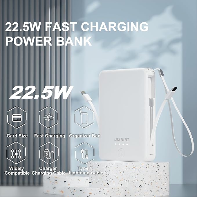 10000mAh Power Bank Portable Charger, Ultra Slim 22.5W Fast Charging with Built in USB C and ‌Lightning Cable, 4 Outputs Power Bank for iPhone 11/12/13/14/15/16 Android Samsung - White