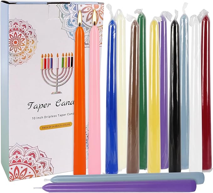 24 Pack 10" Tall Colored Taper Candles, Dripless Unscented Colorful Candlesticks for Birthdays Dinner Party Home Décor, Long Burning Spell Chime Candles for Meditation.