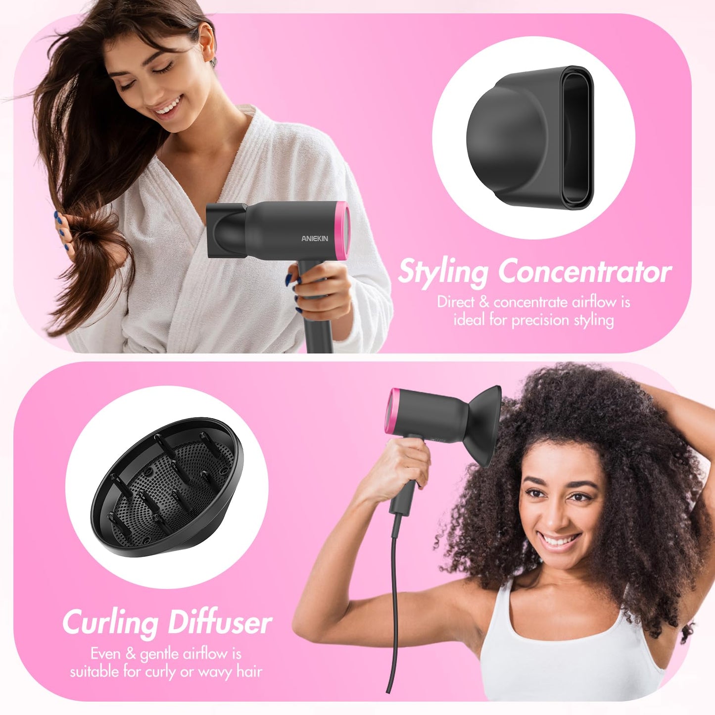 ANIEKIN Hair Dryer, 1875 Watts Fast Drying Blow Dryer with Diffuser and Concentrator, Compact Lightweight Hair Dryer for Women and Men