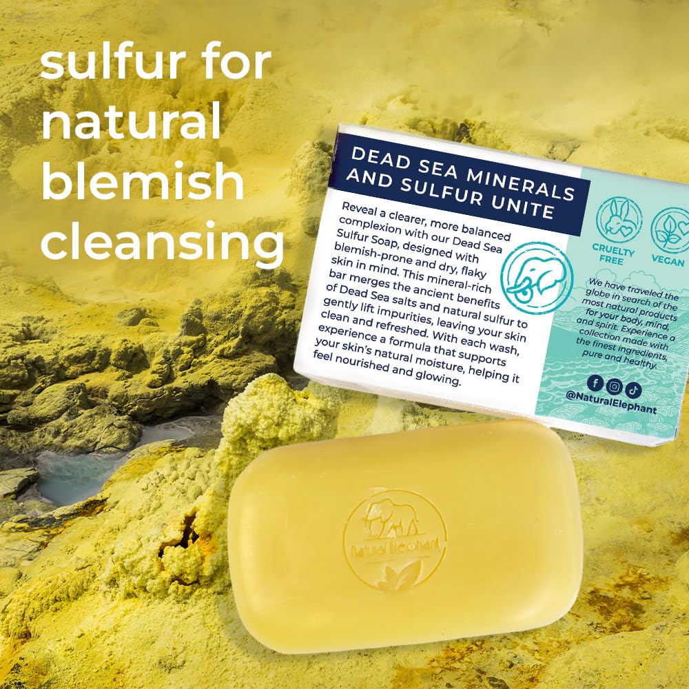 Natural Elephant Dead Sea Sulfur Soap Bar | Clarifying Face & Body Wash with Dead Sea Salt & Aloe Vera | 4.4 oz (125 g)