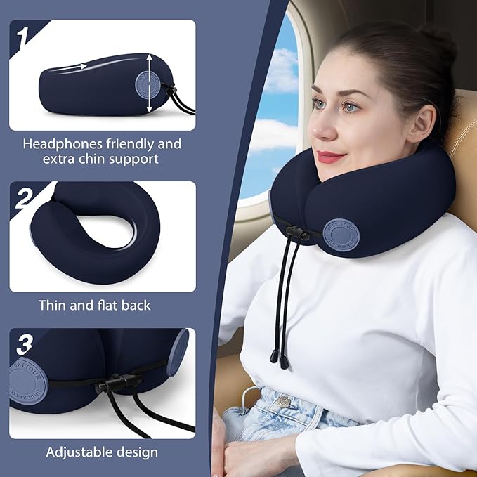 Travel Neck Pillows for Airplane Adults, Memory Foam Neck Support Travelling Pillow with Washable Cotton Pillowcases and Storage Bag, for Car, Train, Flight, Office and Home Use Adults Blue