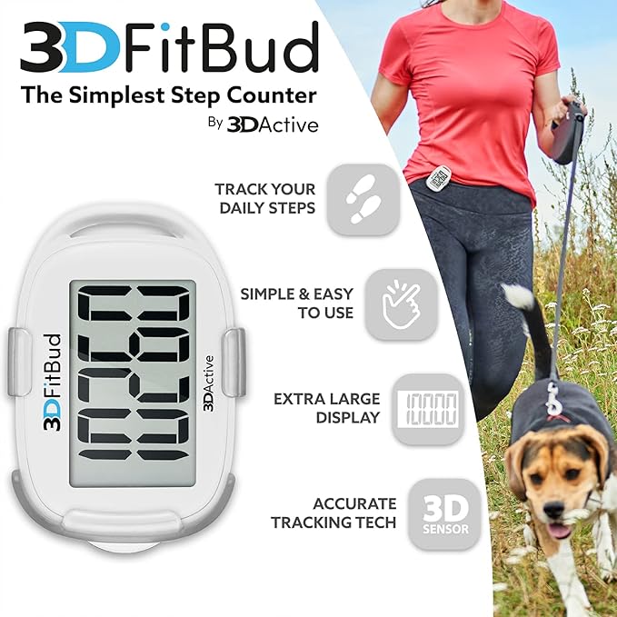 3DFitBud Simple Step Counter Walking 3D Pedometer by 3DActive with Clip, Lanyard Accurate Fitness Tracker for Men, Women & Elderly Daily Exercise - A420S