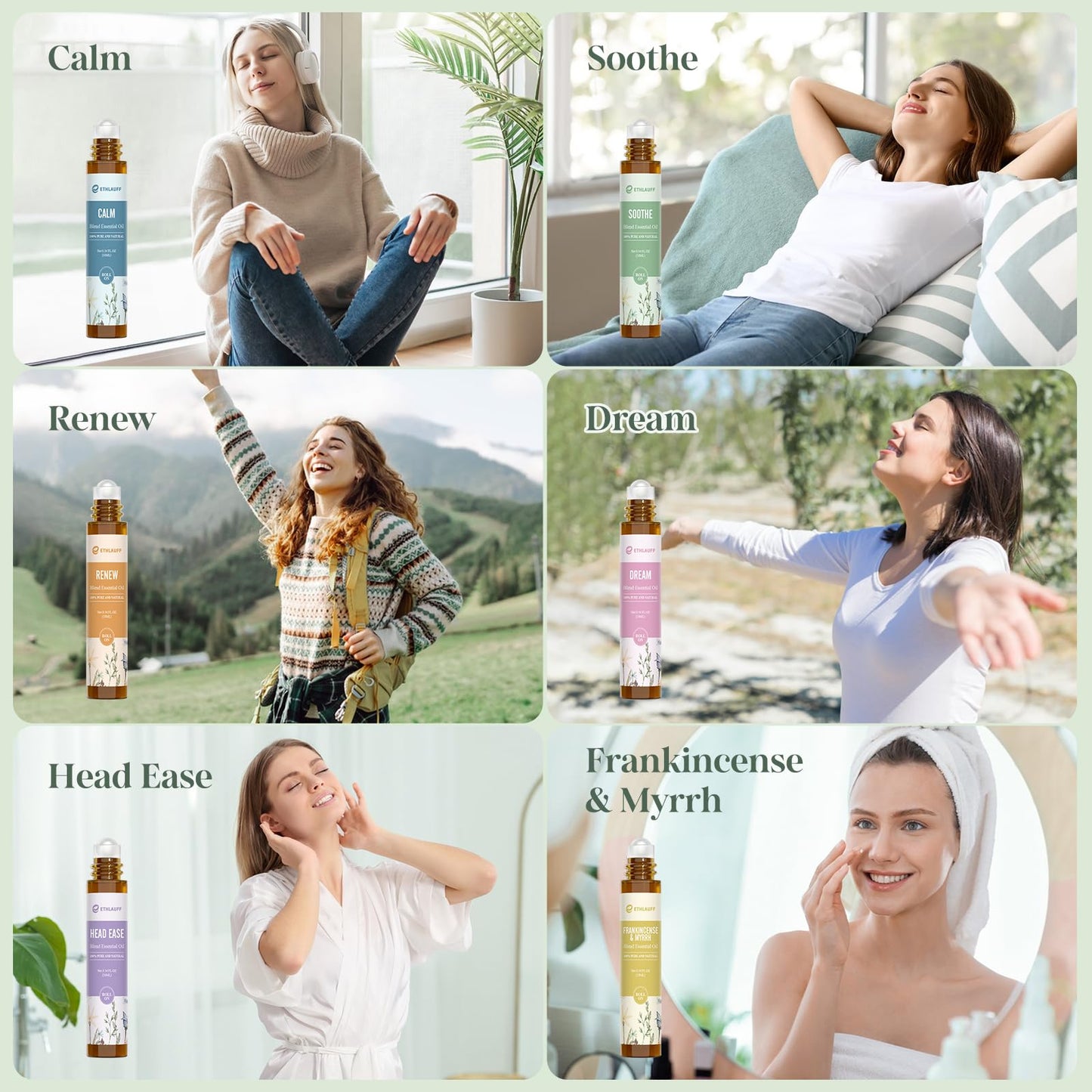 Ethlauff Essential Oil Roll On Set, (Calm,Renew,Dream,Head Relief), Aromatherapy Roll On Blends for Massage, Body Care & Home Use, Stress Relief Gift Men & Women
