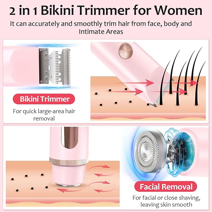 2025 Upgraded Bikini Trimmer for Women, Glow Aura Womens Shaver 2 in 1 with LCD Display, Dual Head Electric Shaver, Waterproof Wet/Dry Body Hair Trimmer for Face, Body & Intimate Areas (Pink)