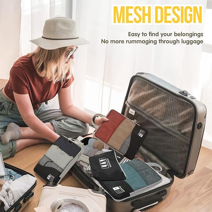 Compression Packing Cubes 8 Set, Dual Zipper Compression Packing Cubes for Travel, See-Through Mesh Packing Bags for Suitcases, packing cubes with shoe bag (Black)