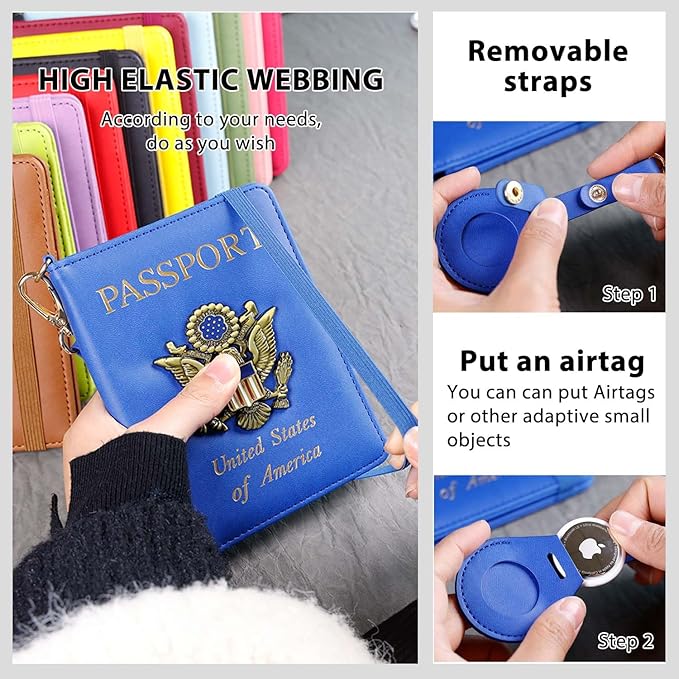 Cnycmy Passport Holder with Airtag Slot, Women's Travel Wallet, RFID Protection, Waterproof, Family Size (Dark Blue)