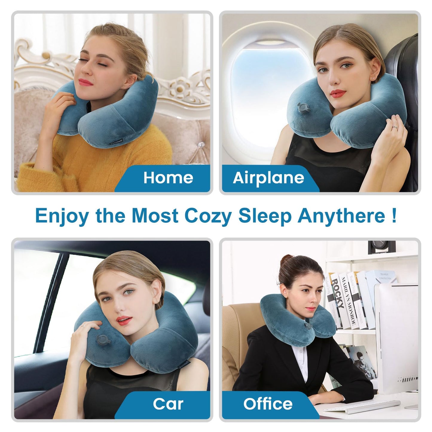 Keemall Inflatable Travel Neck Pillow for Airplane Train Car Washable Pillowcase U Shaped Office Napping Pillow