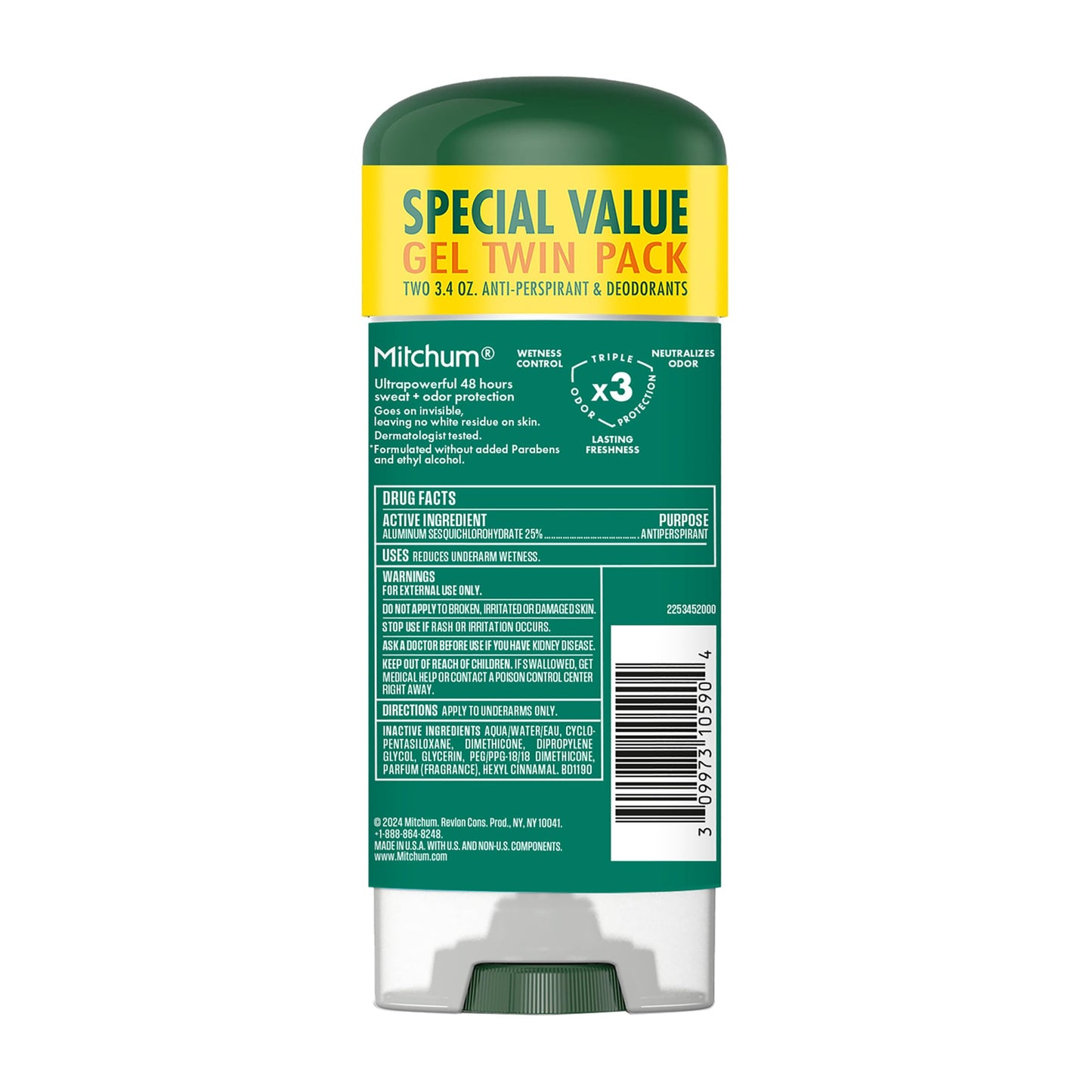 Mitchum Men’s Triple Odor Protection Antiperspirant & Deodorant Gel, Unscented, 48HR Protection, 2 pack