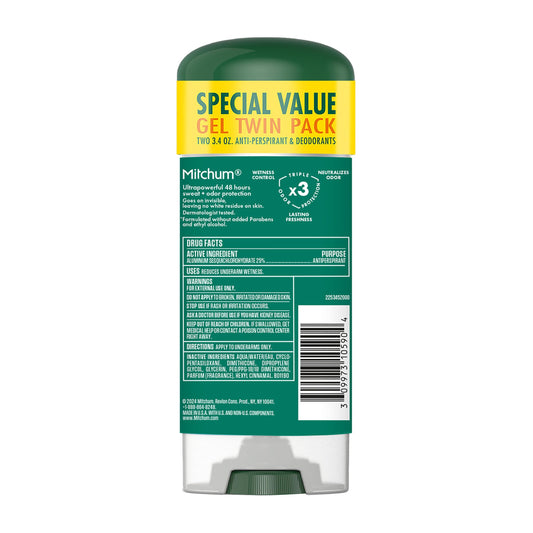 Mitchum Men’s Triple Odor Protection Antiperspirant & Deodorant Gel, Unscented, 48HR Protection, 2 pack
