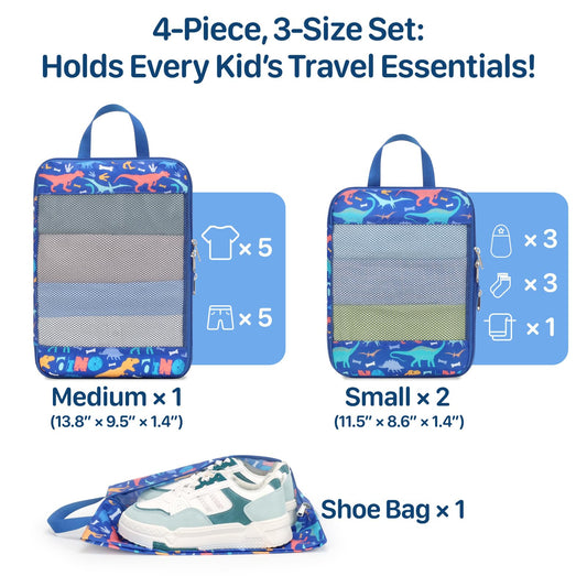 BrainyBees Kids Packing Cubes Compression - 4 Set Suitcase Organizers Bags for Travel and Backpack Luggage Organizer Set with Shoe Bag for Boys (Blue Dinosaur)