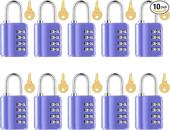 Kenning 10 Pcs Combination Padlock 4 Digit Combination Lock with Keys Locker Resetable Security Outdoor Waterproof Lock for School Sports Gym Locker Employee Fence Case (Purple)