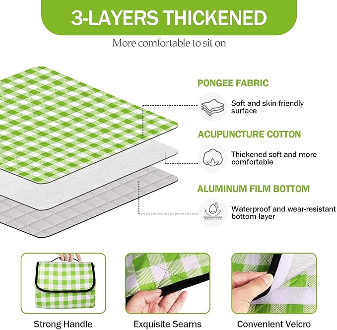 78.7''x78.7'' Extra Large Picnic Beach Blankets, 3 Layers Plaid Waterproof Thickened Foldable Camping Blanket, All-in-one Portable Mat, Suitable for Park, Camping, Outdoor Indoor, Green
