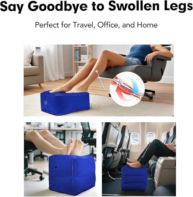 Inflatable Foot Rest Pillow for Travel, Adjustable 3 Layers Height Cushion Kids/Adults Airplane Travel Pillow, Suitable for Office, Home, Trains, Cars - Blue