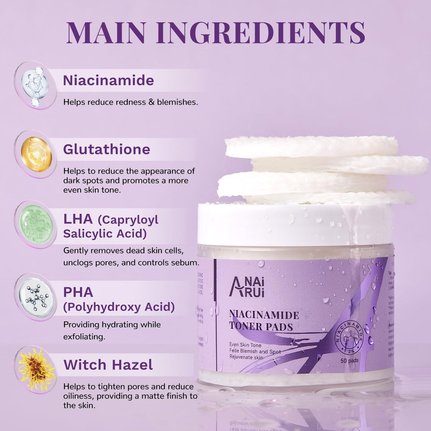 ANAI RUI Niacinamide Facial Radiance Pads, with Glutathione, Niacinamide, LHA, PHA - 50 Pads for Even Skin Tone, Reduce Blemish and Spots
