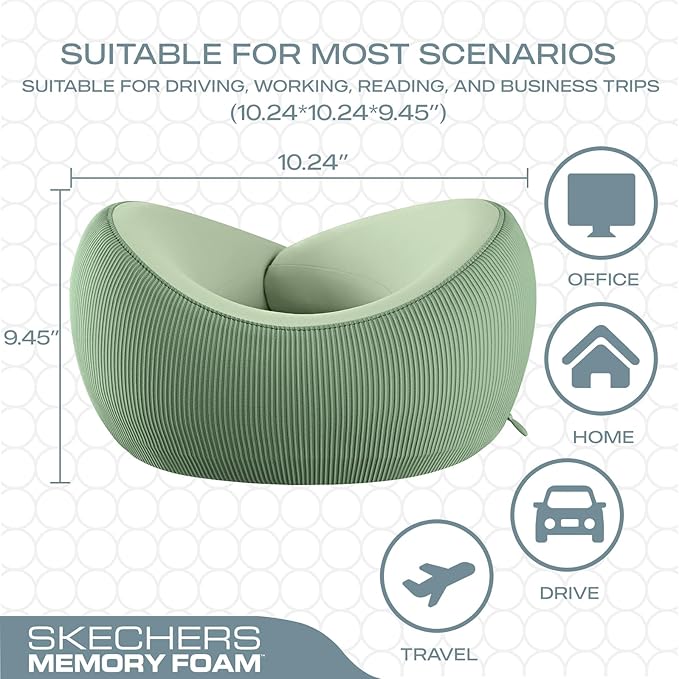 Skechers Memory Foam Neck Pillow, Comfortable & Breathable Travel Pillow,Neck Pillow Airplane for Travel, Car Rides, Home, and Office Use, Ergonomic Design for Men and Women,Green