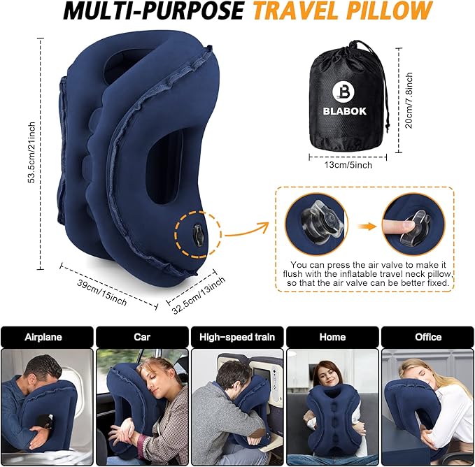 Inflatable Travel Pillow,Multifunction Travel Neck Pillow for Airplane to Avoid Neck and Shoulder Pain,Support Head,Neck,Used for Sleeping Rest, Airplane and Home Use,with Eye Mask, Earplugs,Blue