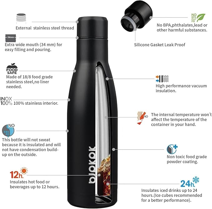 BJPKPK 17oz Insulated Water Bottles Stainless Steel Sports Water Bottles Keep Cold and Hot for Travel Dishwasher Safe,Midnight Black