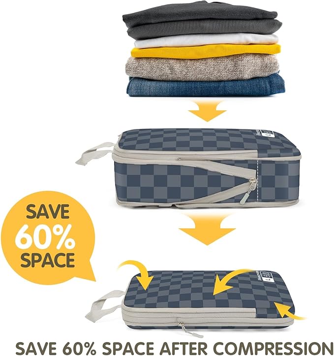 8 Set Compression Packing Cubes for Travel, Lightweight Dual Zipper Packing Cubes, Space-Saving Suitcase Organizer for Travel/Business Trip/Family Vacation (Blue-Gray Checkered)