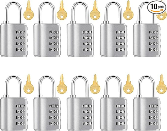 Kenning 10 Pcs Combination Padlock 4 Digit Combination Lock with Keys Locker Resetable Security Outdoor Waterproof Gate Lock for School Sports Gym Locker Employee Fence Case (Silver)