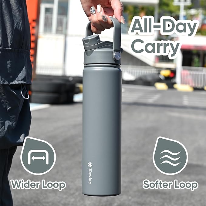 24 oz Insulated Water Bottle, 2-in-1 Lid, Straw & Spout with Protected, Leak Proof, Keep Cold, Stainless Steel, Metal, Reusable, Handle, for Travel, Gym and School, 2 Lids, Char Gray