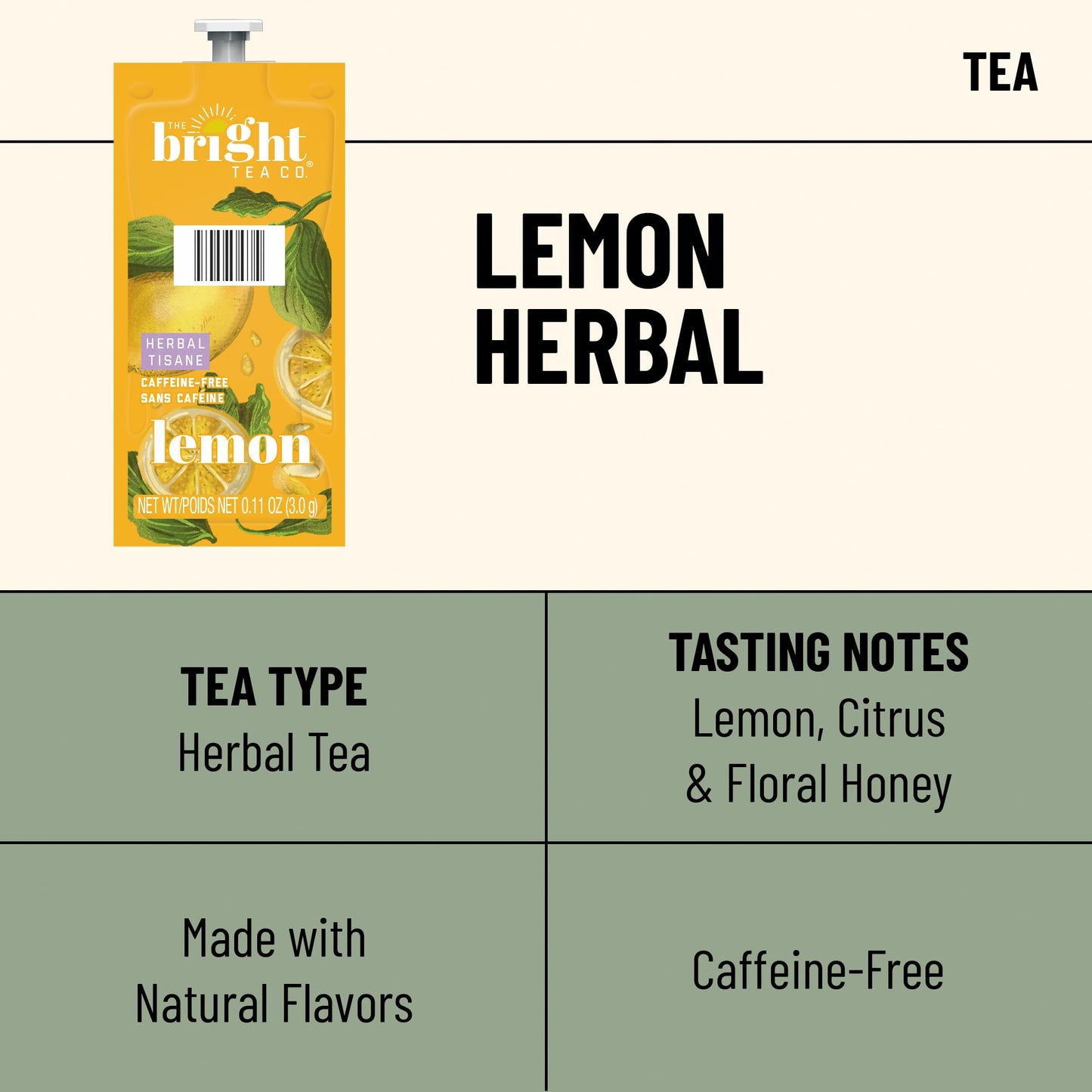 Flavia Bright Tea Co. Lemon Herbal Tea Freshpacks works only with Flavia Brewers (Case of 100)