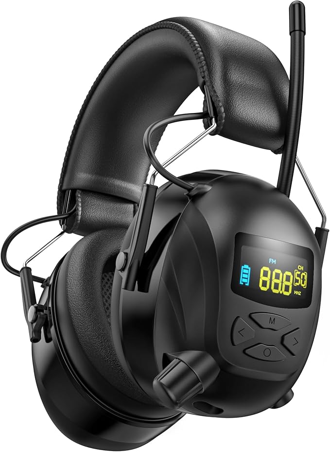 2025 Bluetooth 5.4 AM/FM Radio Ear Protection Headphones with Backlit Digital Display/Mic, 120H Working Time, Rechargeable, 30dB Noise Reduction Safety Earmuffs for Lawn Mowing, Workshop - Black