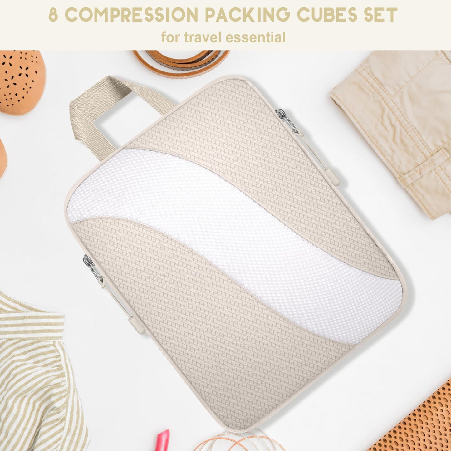 8 Set Compression Packing Cubes Travel, Expandable Travel Cubes for Carry on Luggage, Suitcase Organizer Compression Bags for Travel Essentials, Beige