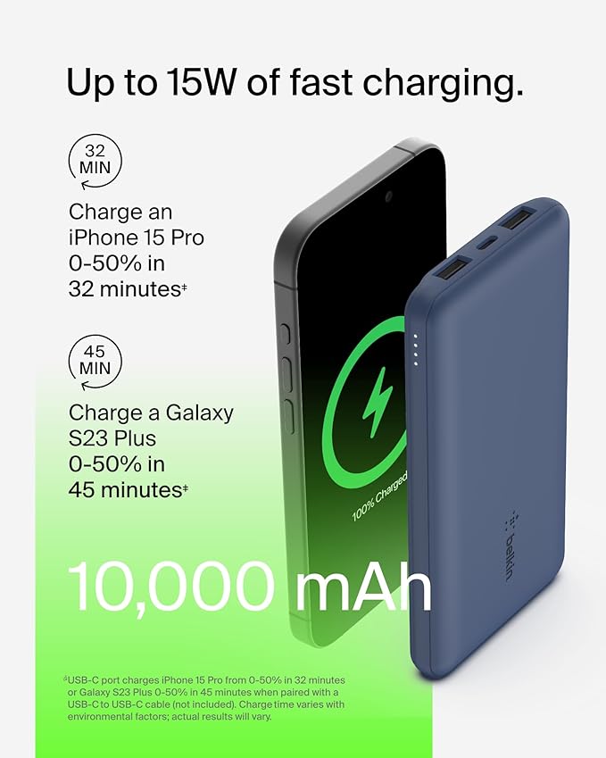 Belkin Portable Charger, USB C Power Bank 10000 mAh w/ 2xUSB-A Ports, 15W w/ Type-C to Type-A Cable - iPhone 17, Air, Pro, Pro Max, Samsung Galaxy S25, Nintendo Switch 2, Google Pixel 10, etc. - Blue