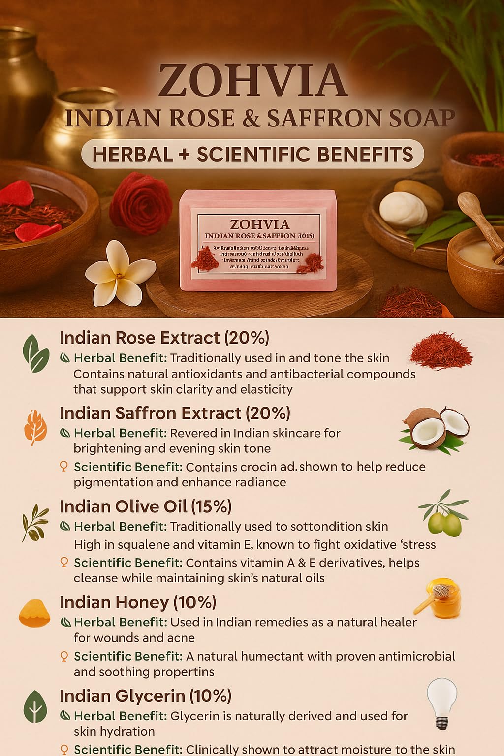 ZOHVIA Pure Indian Saffron (Kesar) & Rose Soap Bar – Handmade Ayurvedic 4.4oz | Natural Glow Cleanser with Coconut & Olive Oil | Chemical-Free, For Men, Women & Teens | All Skin Types | Face & Body