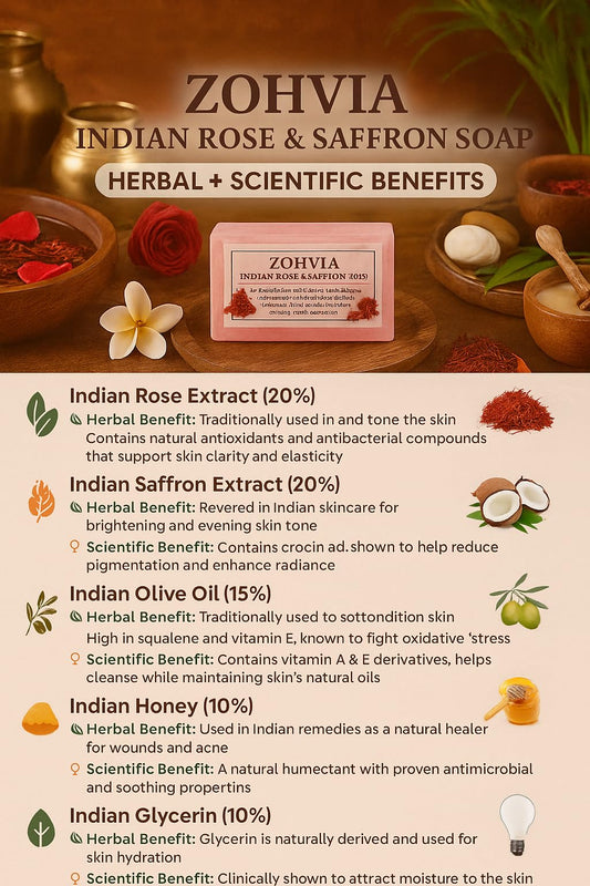 ZOHVIA Pure Indian Saffron (Kesar) & Rose Soap Bar – Handmade Ayurvedic 4.4oz | Natural Glow Cleanser with Coconut & Olive Oil | Chemical-Free, For Men, Women & Teens | All Skin Types | Face & Body