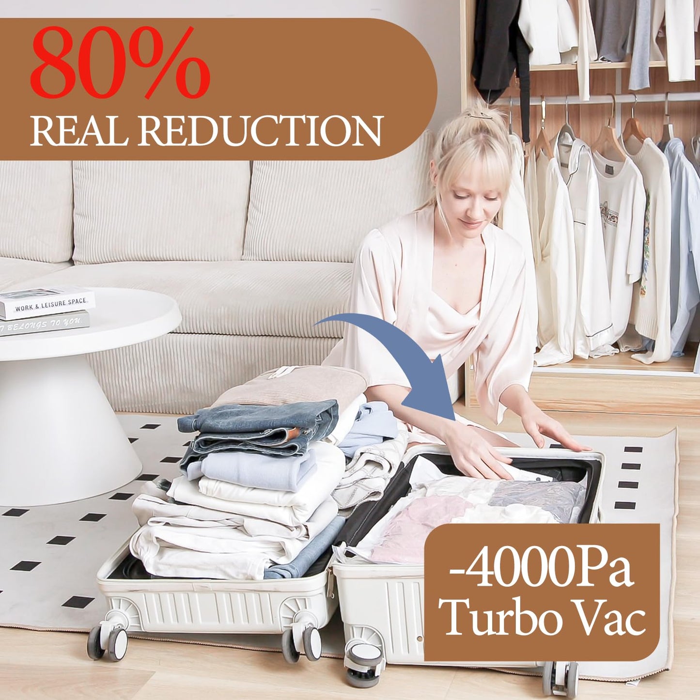 Vacbird Vacuum Storage Bags for Clothing Travel, 10 Pack Vacuum Bags with Wireless Charging Air Pump(2 Large+4 Medium+4 Small), Compression Packing for Clothes Blanket Suitcase Luggage