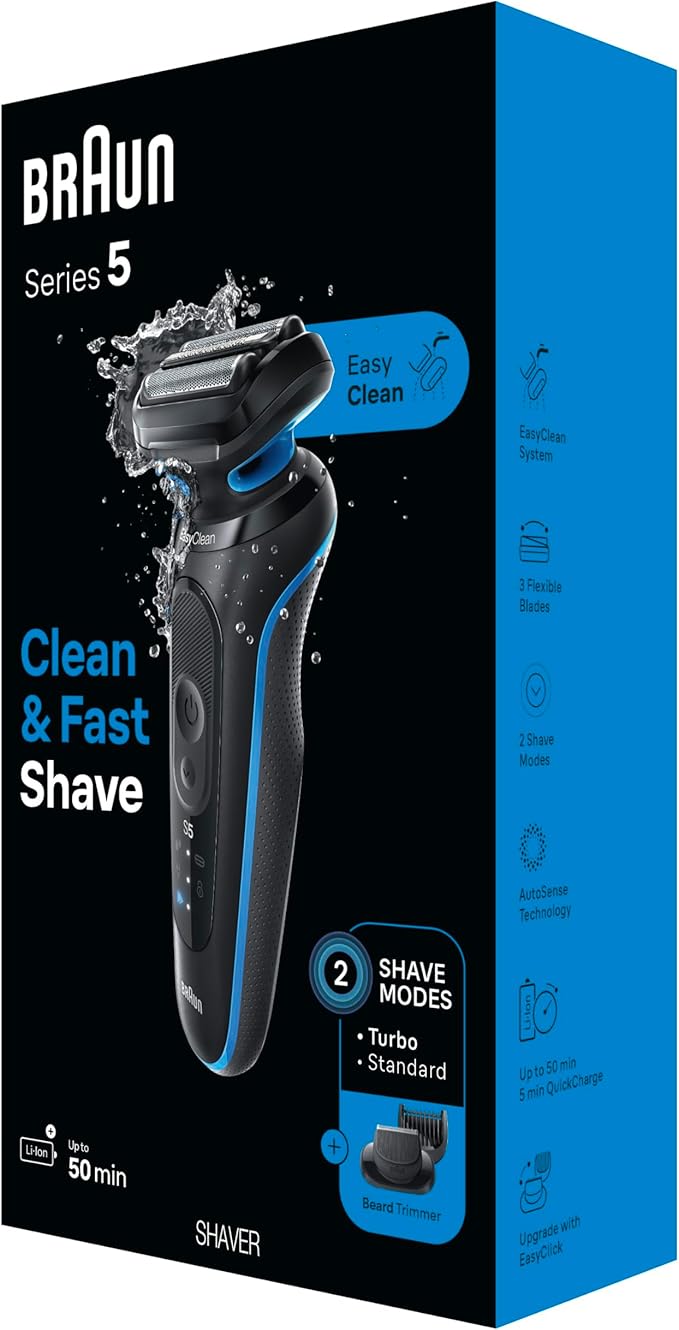 Braun Electric Shaver for Men, Series 5 5120s, Wet & Dry Shave, Turbo Shaving Mode, Foil Shaver, Engineered in Germany, with Beard Trimmer & Attachments, Blue