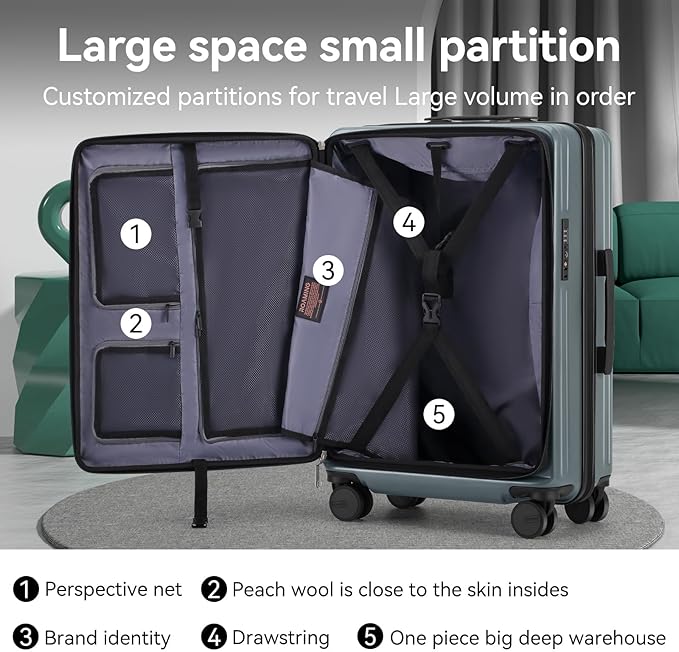 24 Inch Checked Large Luggage with Spinner Wheels Front Opening Rolling Suitcase for 5-7 Days Travel, Scratch Resistant PC Hardshell TSA Lock Cup Holder Specially Designed Ergonomic Pull Rod Handle