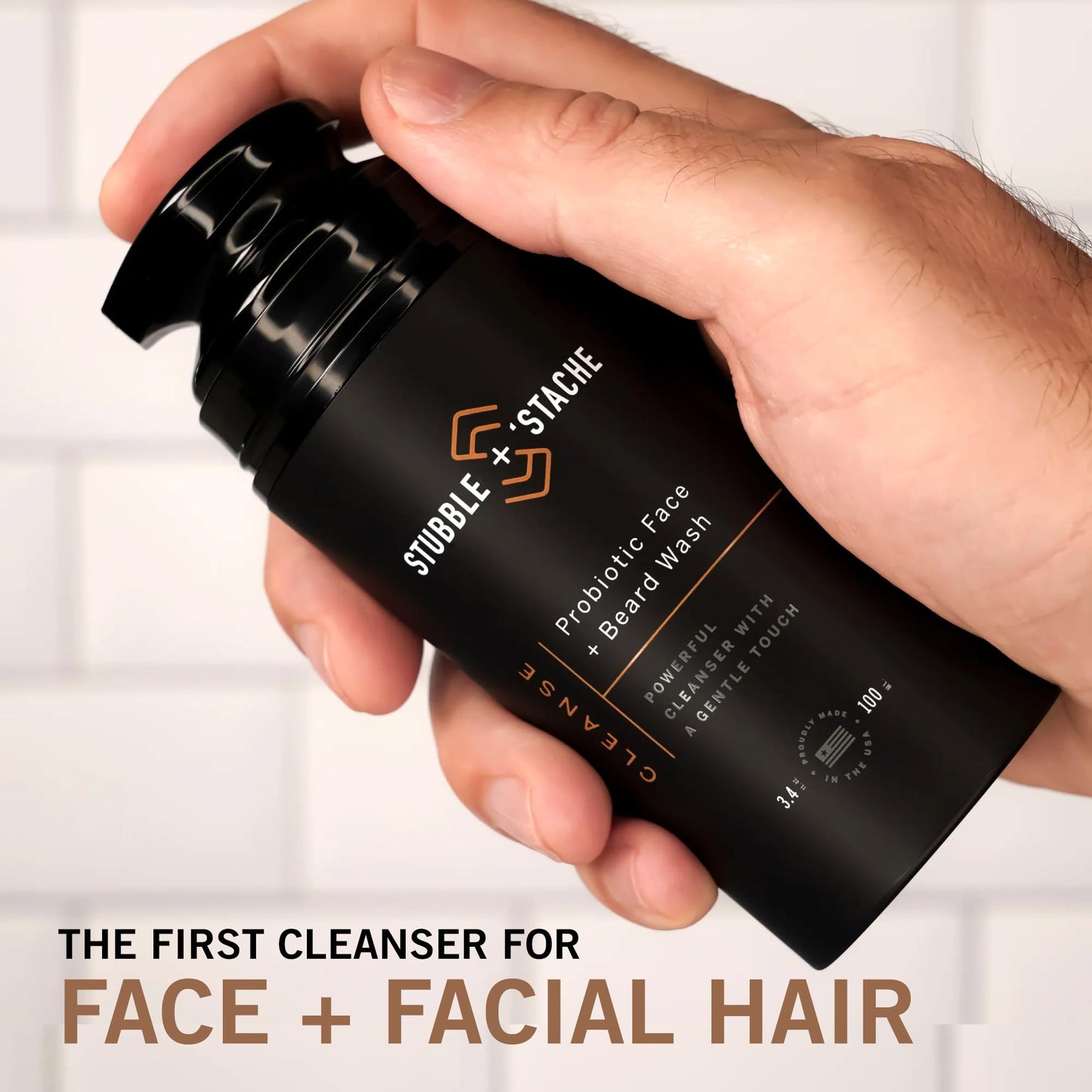 stubble & stache Face Wash and Beard Wash for Men – Daily Facial Cleanser with Niacinamide, Aloe Vera, Green Tea, and Probiotics – Fragrance-Free – 3.4 fl oz