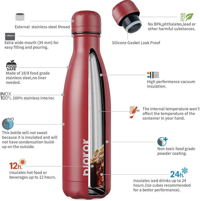 BJPKPK 17oz Insulated Stainless Steel Water Bottles,Sports Water Bottles Keep Cold for 24 Hours and Hot for 12 Hours,BPA Free for Travel,Brick Red