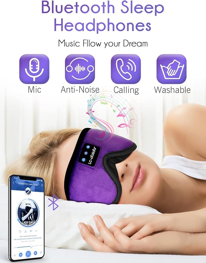 LC-dolida Sleep Headphones, Sleep Mask Bluetooth Wireless Music Eye Mask, Sleeping Headphones for Side Sleepers Sleep Mask with Bluetooth Headphones Ultra-Thin Stereo Speakers Perfect for Sleeping