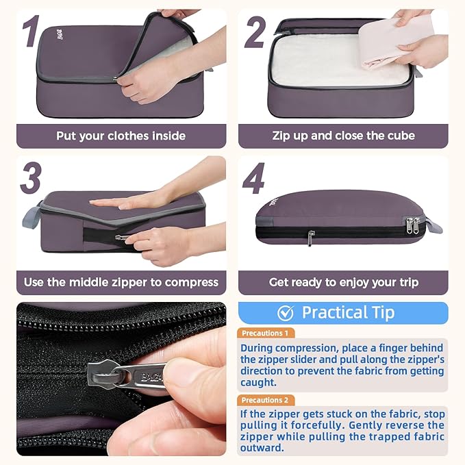 BAGAIL 4 Set/6 Set/8 Set Compression Packing Cubes Travel Accessories Expandable Packing Organizers (Cloth Pattern, 4-Dark Greyish)