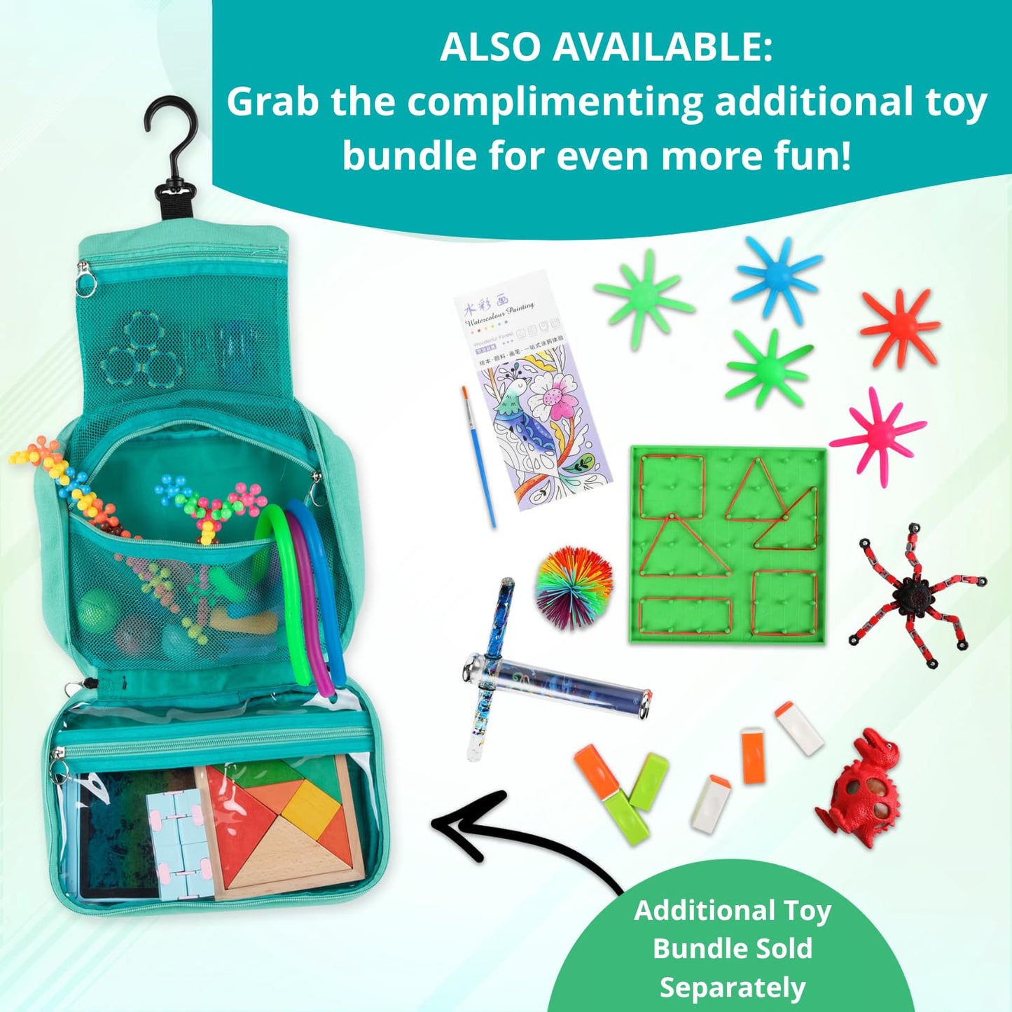 Travel Essentials for Kids – All-in-One Activity Kit for Travel, Road Trip Activities for Kids - Hanging Bag, Includes Toys and Activities for Airplanes, Hotels - Boys & Girls 4+ Years (Seafoam)